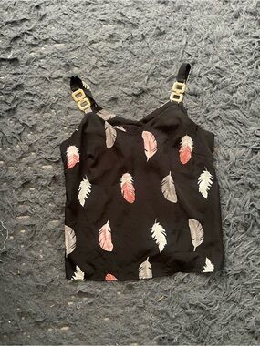 Women’s Feather Print Black Camisole with Gold Buckle Straps size medium